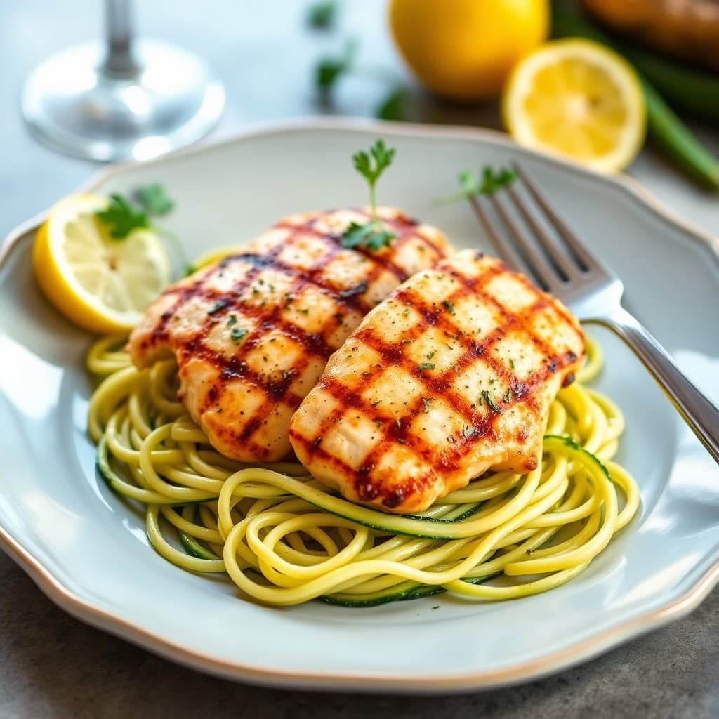 Grilled Lemon Herb Chicken with Roasted Garlic Zucchini Noodles