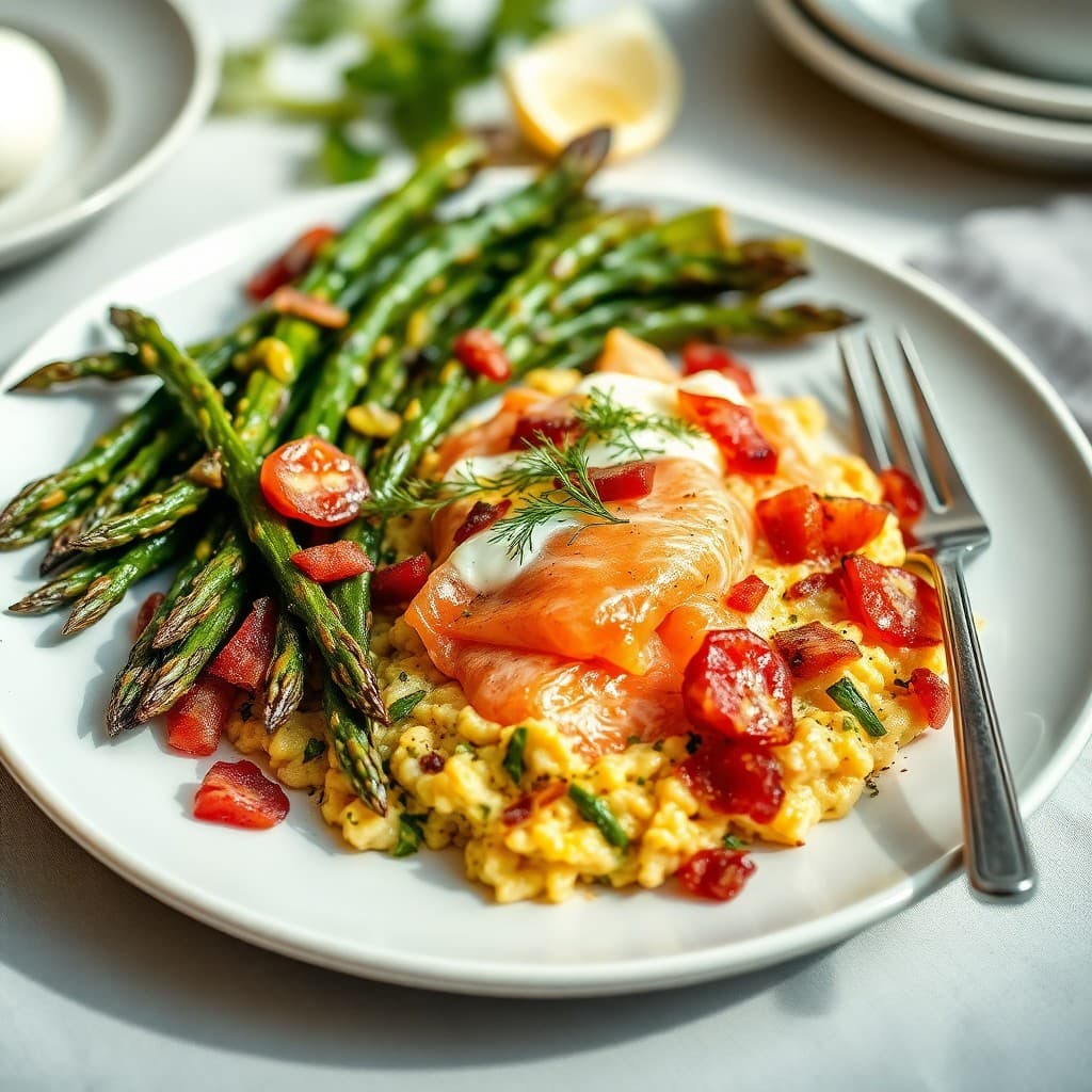 Mediterranean Smoked Salmon & Herb Scramble with Roasted Asparagus