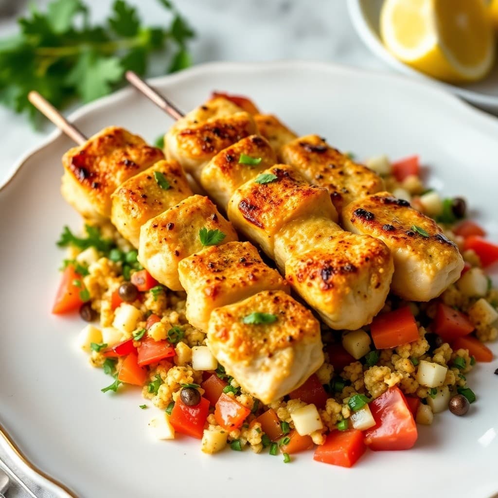 Lemon Garlic Chicken Skewers with Mediterranean Tabbouleh