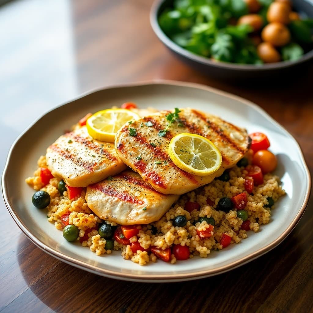 Zesty Lemon Garlic Chicken Paillards with Roasted Vegetable Quinoa