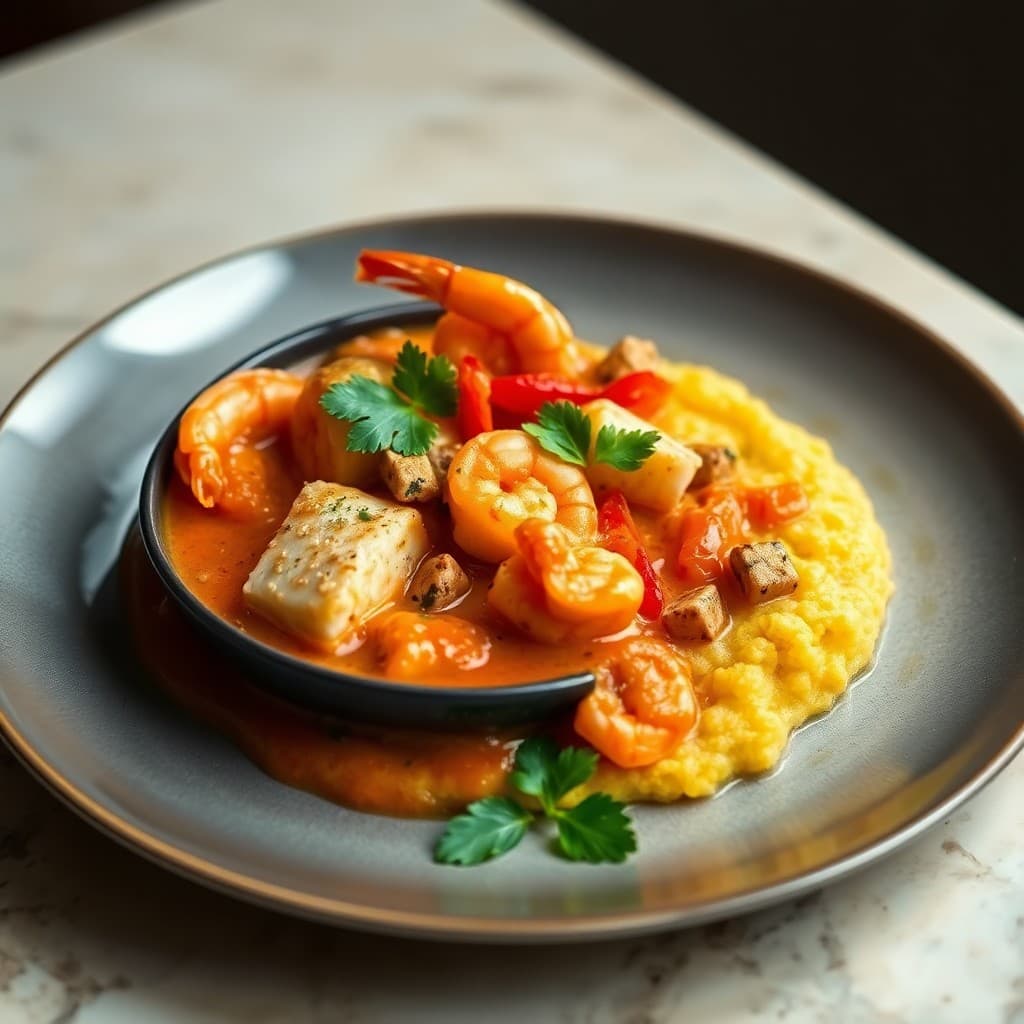Brazilian Moqueca with Coconut-Tomato Broth & Crispy Polenta