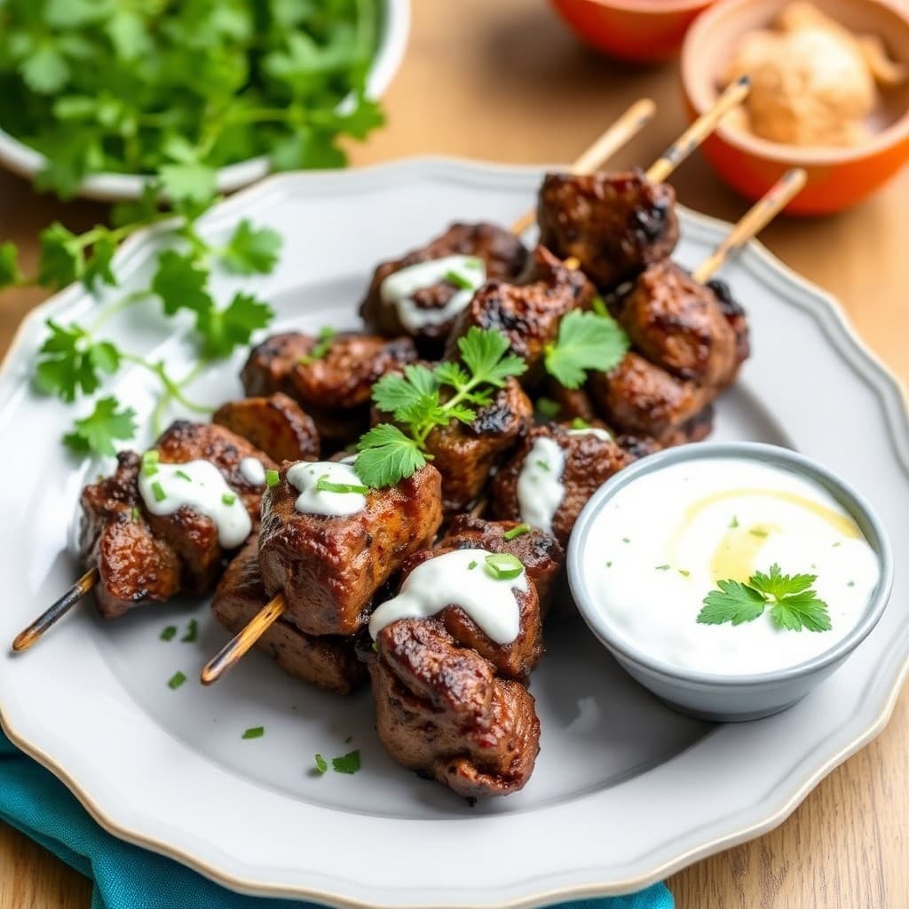 Moroccan Spiced Lamb Skewers with Garlic Mint Yogurt