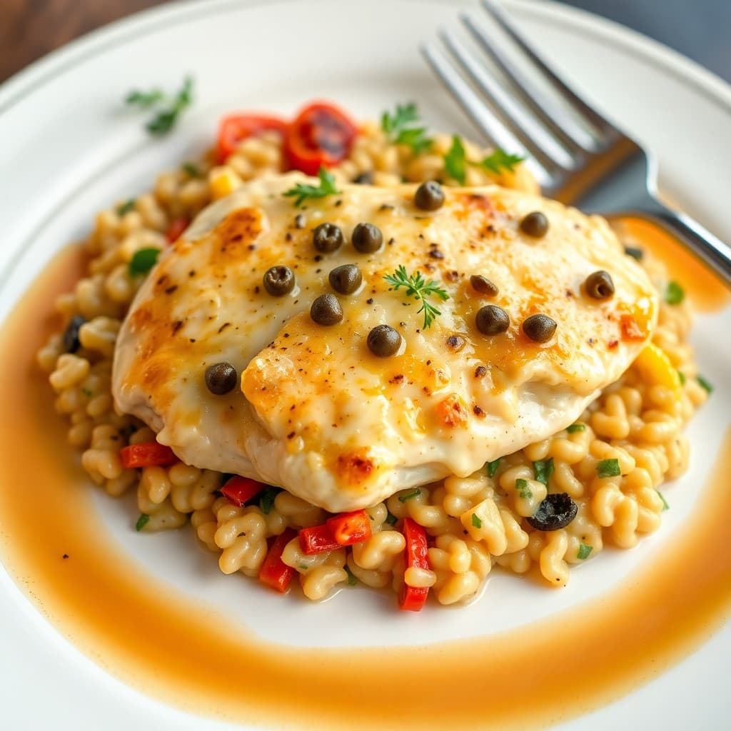 Mediterranean Baked Chicken Piccata with Roasted Vegetable Risotto