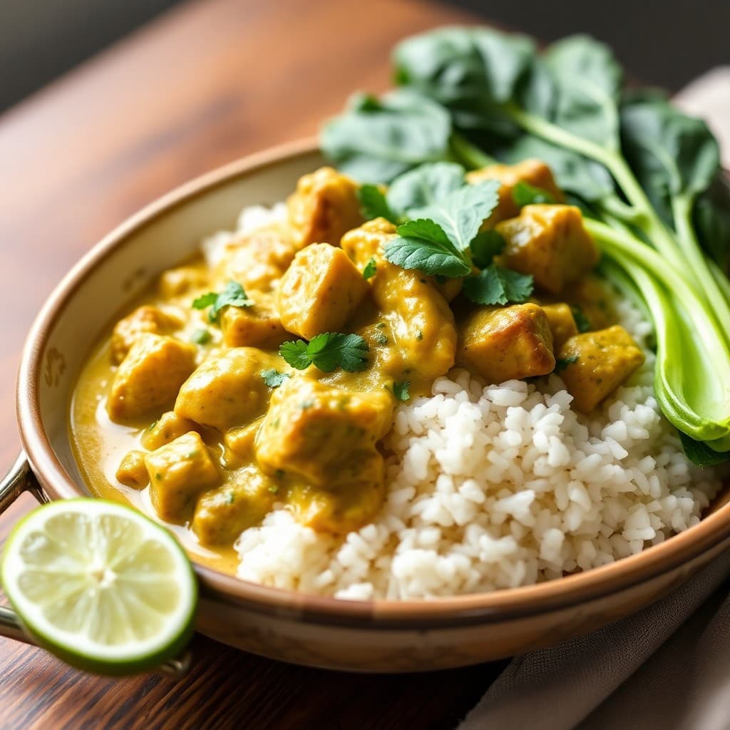 Thai Green Curry Seitan with Coconut Rice & Steamed Bok Choy