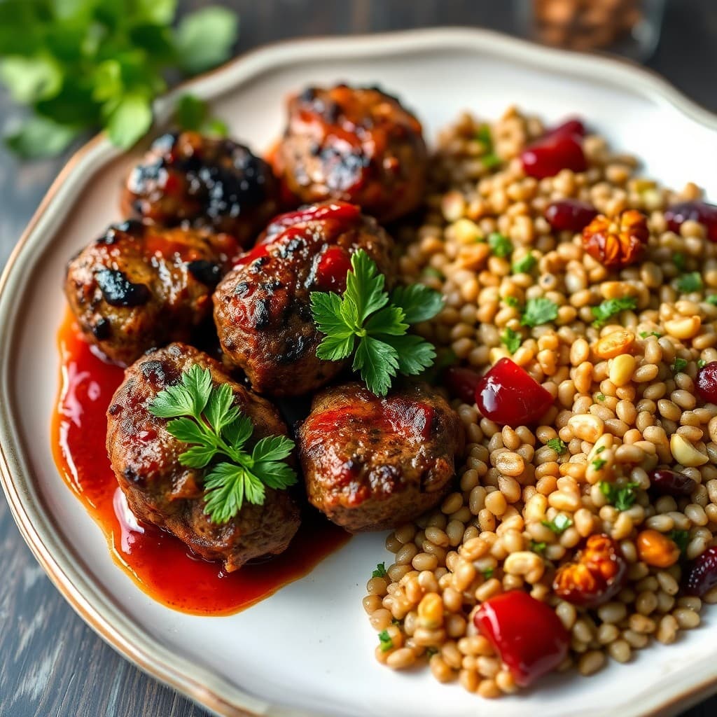 Grilled Lamb Kofta with Pomegranate-Walnut Sauce & Herbed Barley Pilaf
