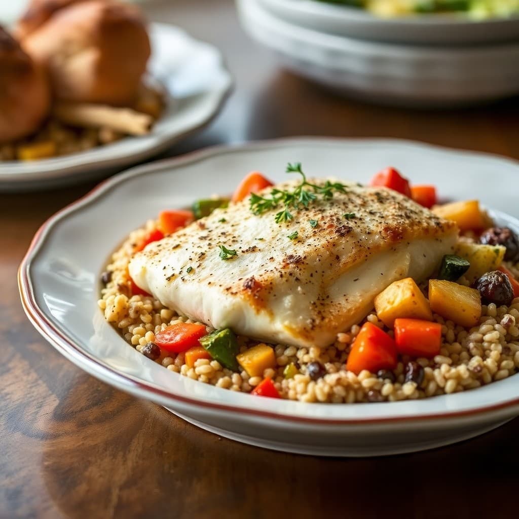 Mediterranean Baked Halibut with Roasted Vegetable Medley