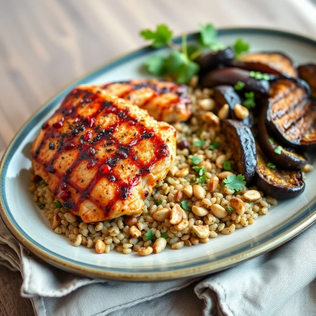 Turkish-Spiced Grilled Chicken with Pomegranate Glaze & Charred Eggplant Over Herbed Barley