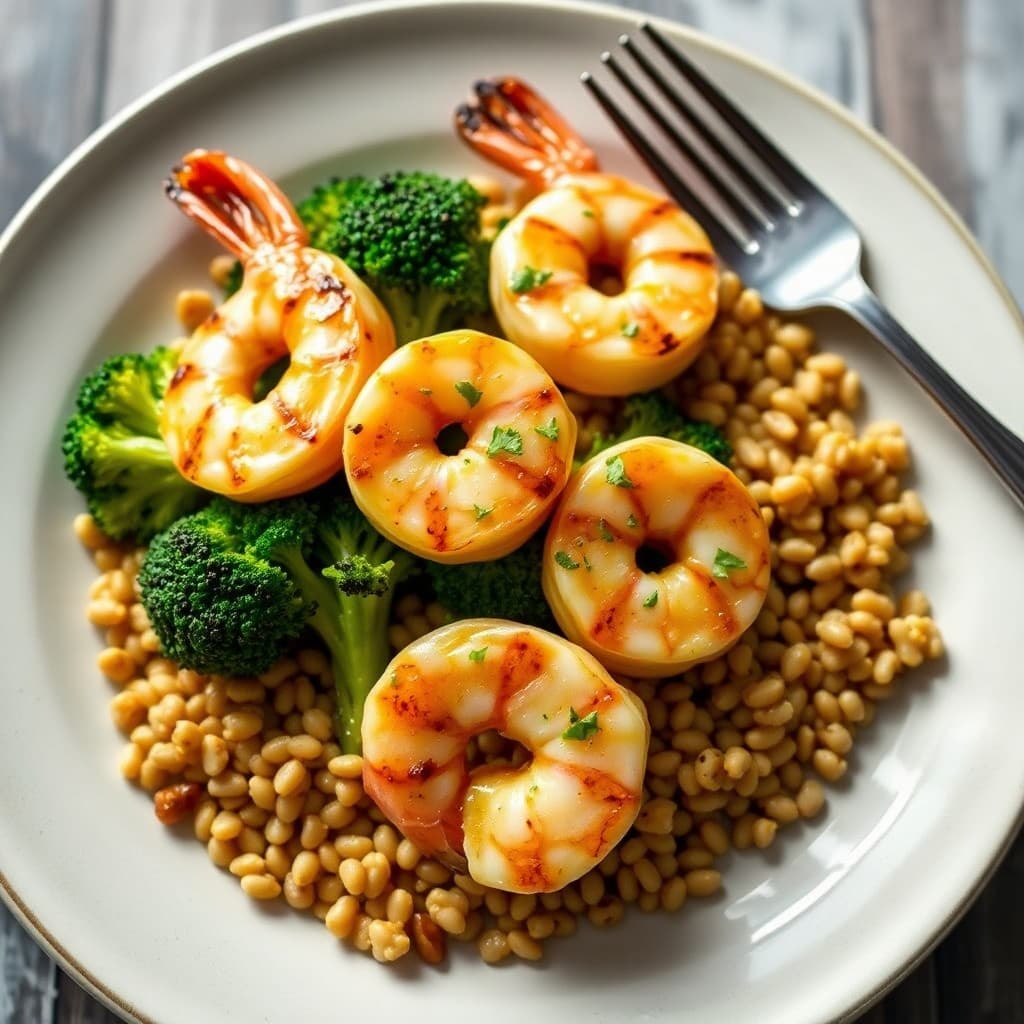 Grilled Lemon Garlic Shrimp with Roasted Broccoli and Farro