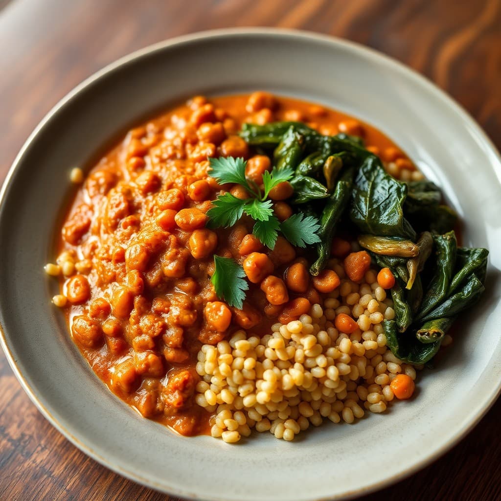 Ethiopian Misir Wat with Farro & Garlicky Collard Greens
