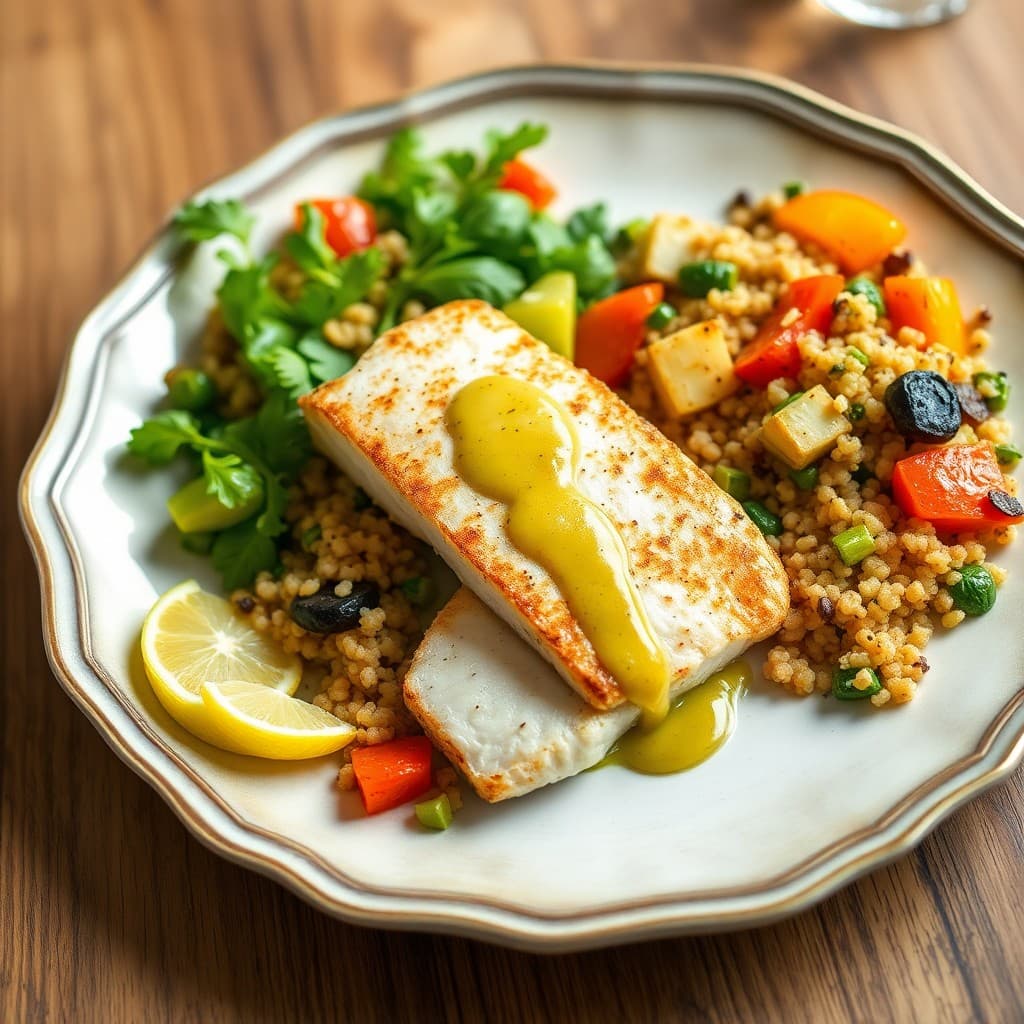 Seared Cod with Roasted Veggie Quinoa Medley