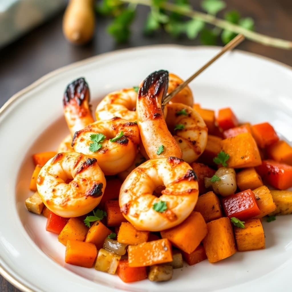 Sizzling Cajun-Style Shrimp Skewers with Roasted Sweet Potato Medley