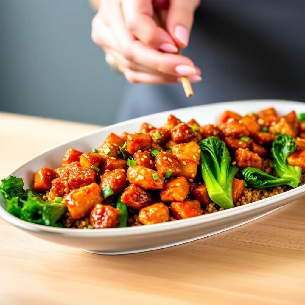Korean-Inspired Gochujang Seitan Stir-Fry with Crispy Millet & Sesame Bok Choy