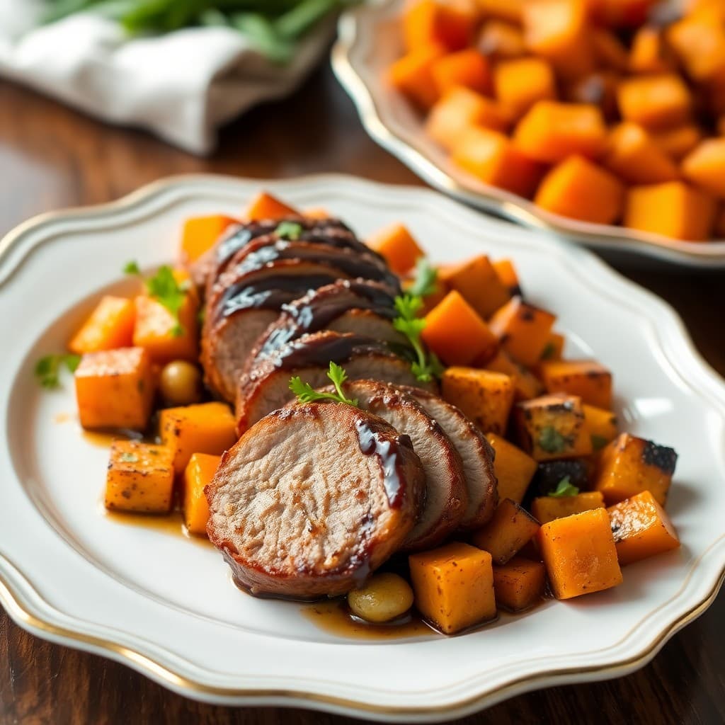 Balsamic Glazed Pork Tenderloin with Roasted Sweet Potato Medley