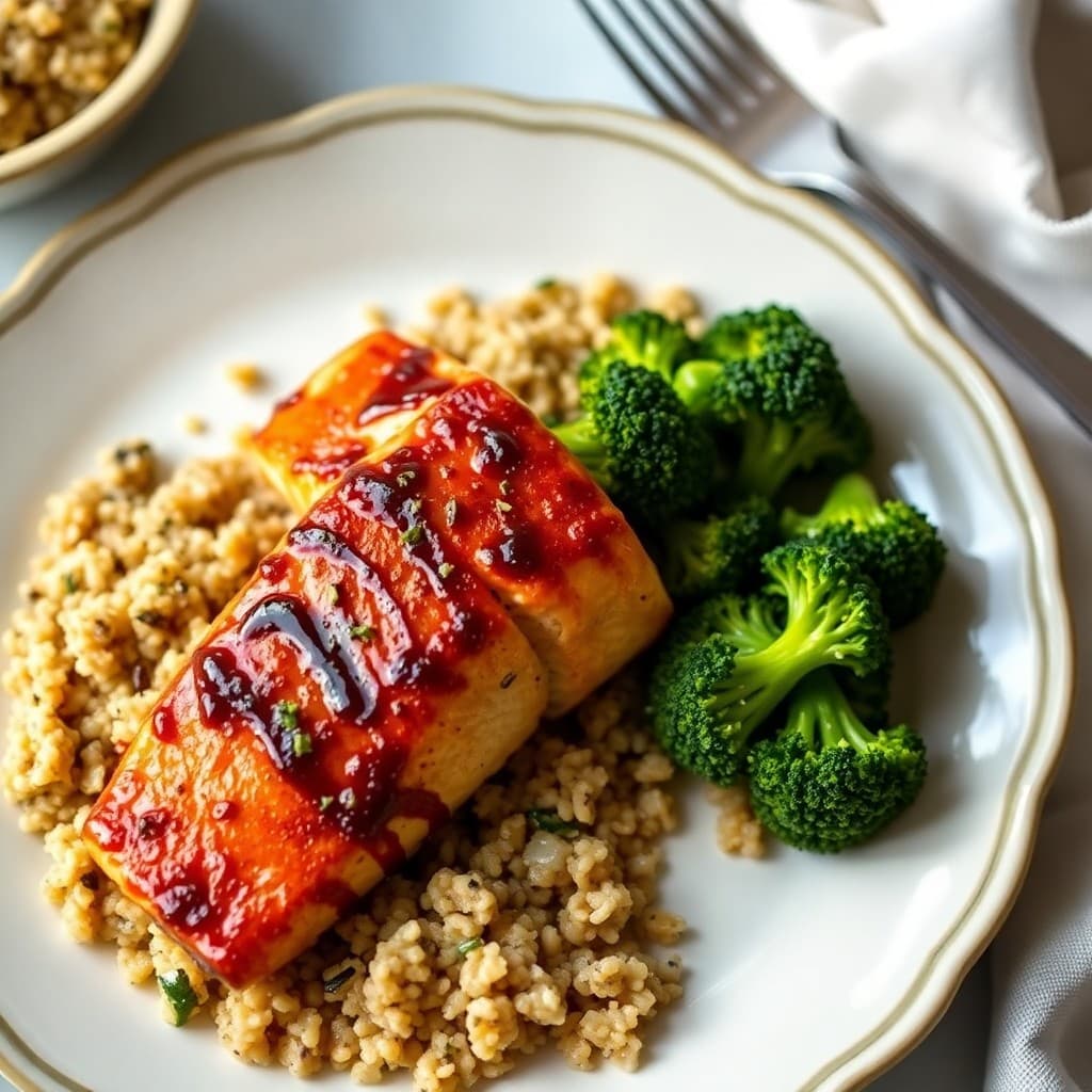 Seared Miso-Glazed Salmon with Roasted Broccoli and Quinoa Pilaf
