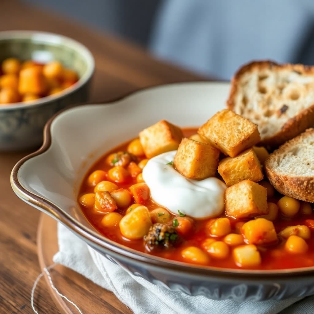 Spanish Garlic & Saffron Chickpea Stew with Crispy Tempeh Croutons