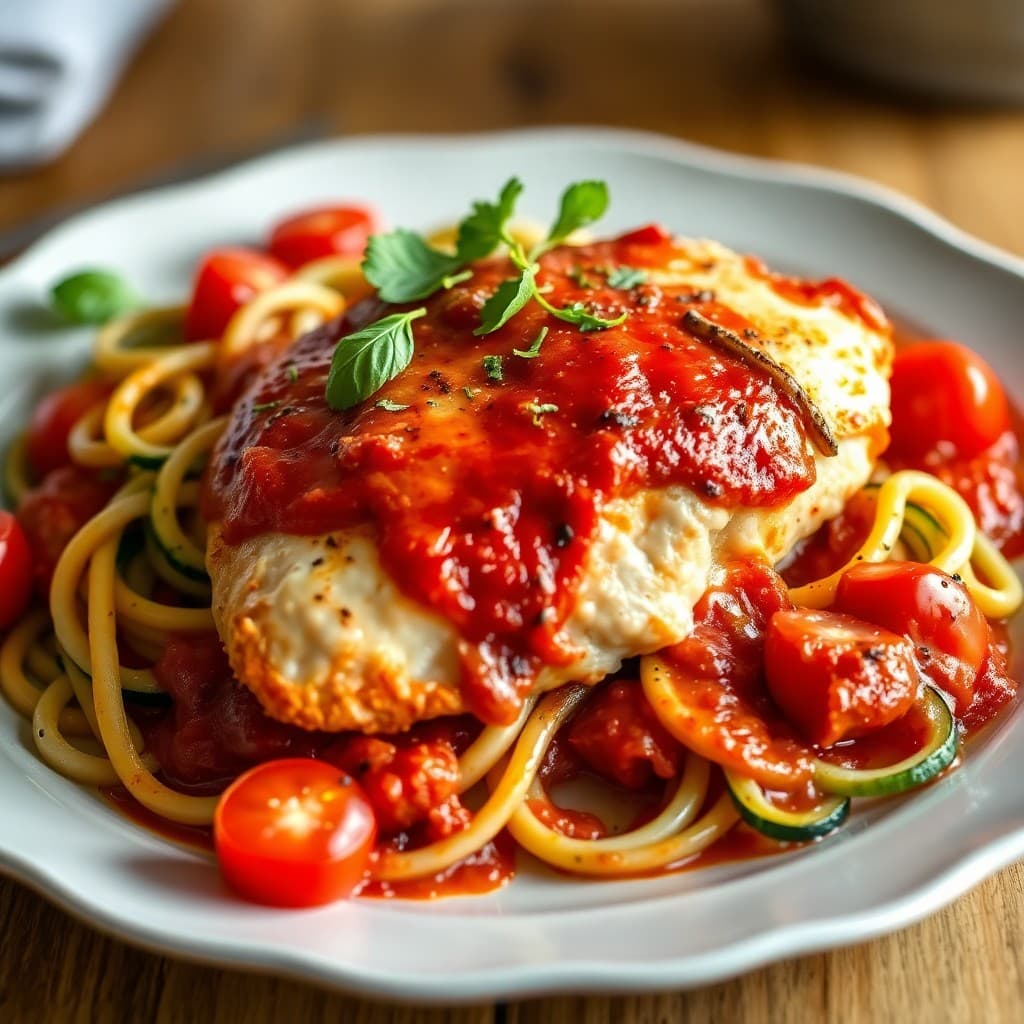 Tuscan Chicken Parmesan with Zucchini Noodles