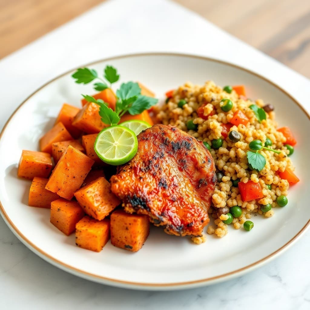Seared Chili-Lime Chicken with Roasted Sweet Potato and Quinoa Salad