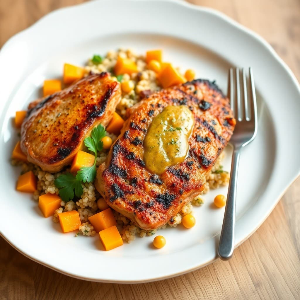 Seared Chicken Thighs with Roasted Butternut Squash and Quinoa Salad