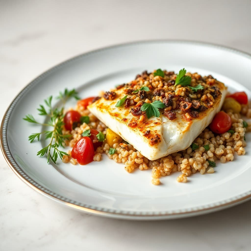 Mediterranean Baked Halibut with Roasted Vegetable Quinoa