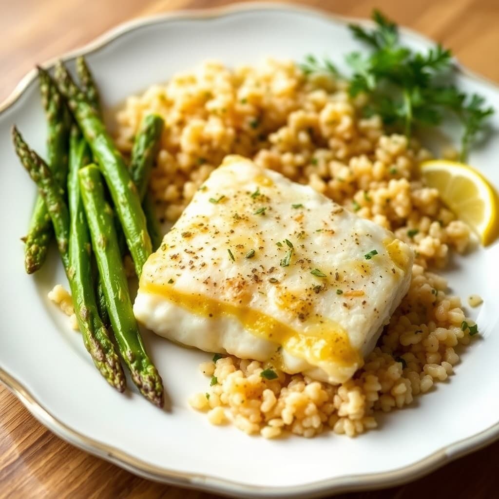 Baked Lemon Garlic Cod with Roasted Asparagus and Quinoa