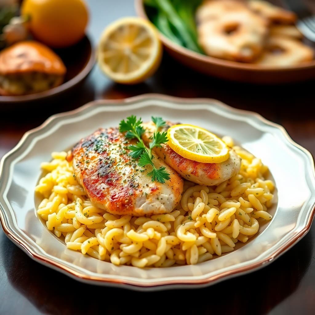 Zesty Lemon Chicken Scaloppine with Roasted Garlic Orzo