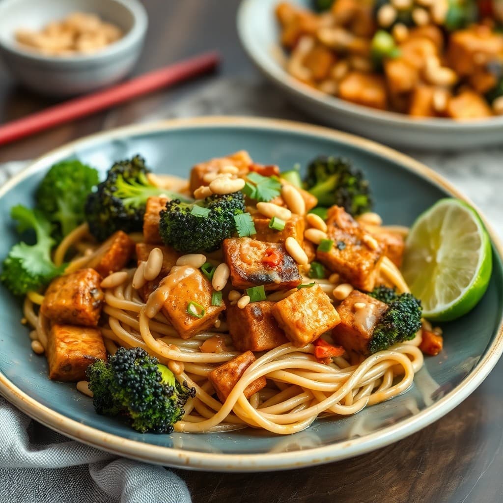 Crispy Tempeh & Charred Broccoli Pad Thai with Tamarind-Cashew Sauce