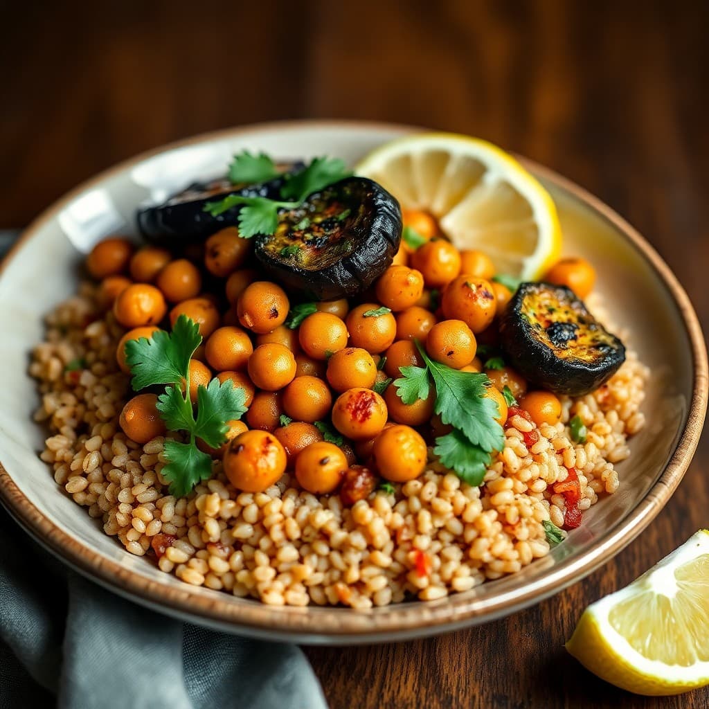Moroccan-Spiced Chickpea & Farro Tagine with Charred Eggplant