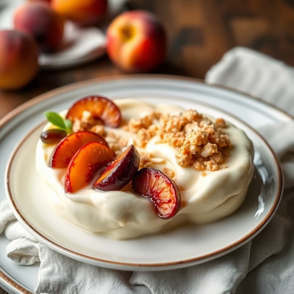 Italian Mascarpone Zabaglione with Amaretti Crumble & Roasted Stone Fruit