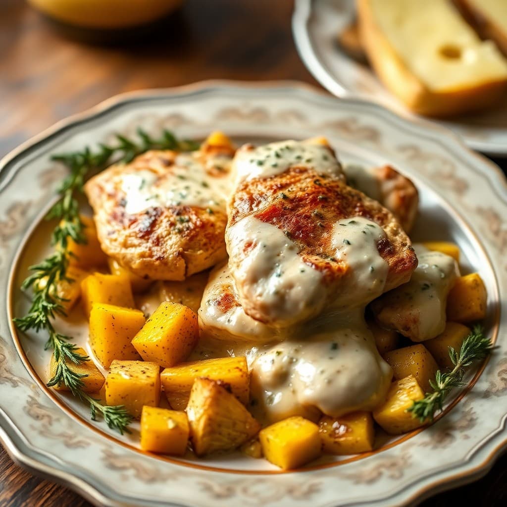 Roasted Autumn Squash with Creamy Chicken Thighs