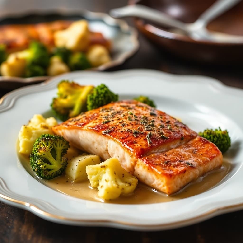 Roasted Salmon with Buttered Broccoli and Cauliflower