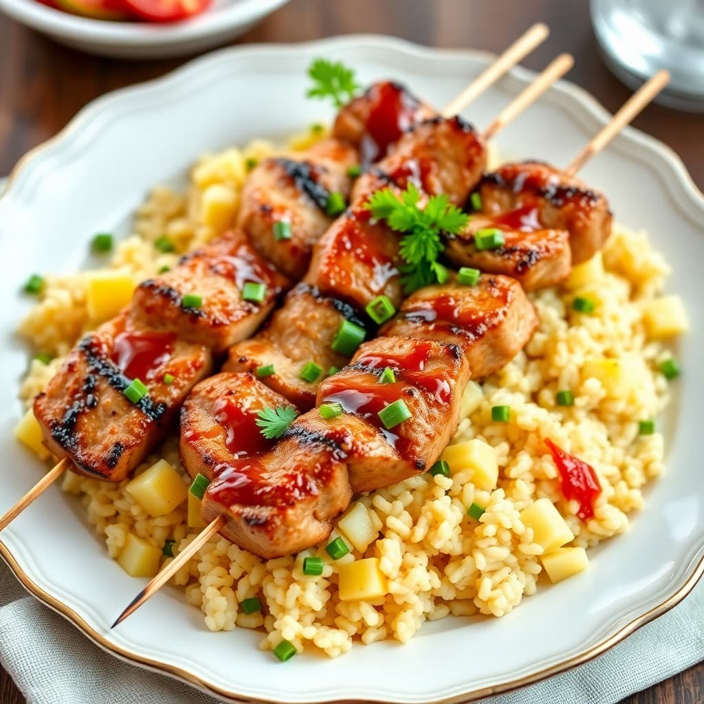Teriyaki Pork Tenderloin Skewers with Pineapple Rice
