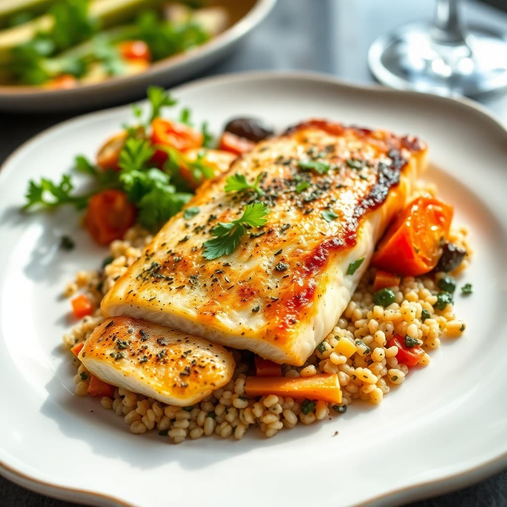 Mediterranean Baked Halibut with Herbed Quinoa and Roasted Vegetables