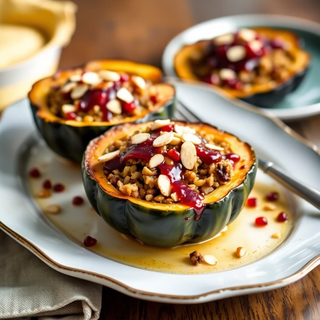 Moroccan-Spiced Lentil & Quinoa Stuffed Acorn Squash with Pomegranate Glaze