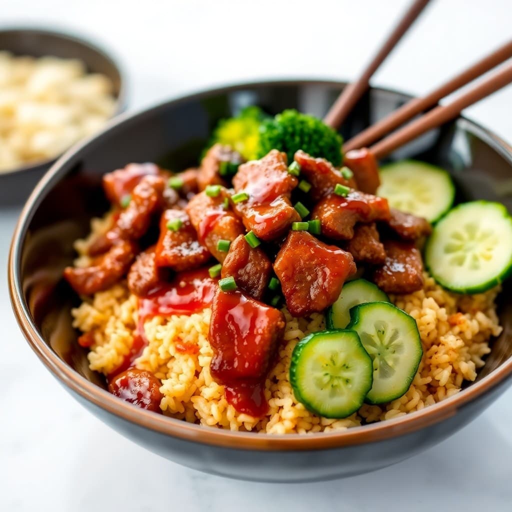Korean Beef Bulgogi Bowl with Gochujang Glaze & Crispy Garlic Rice