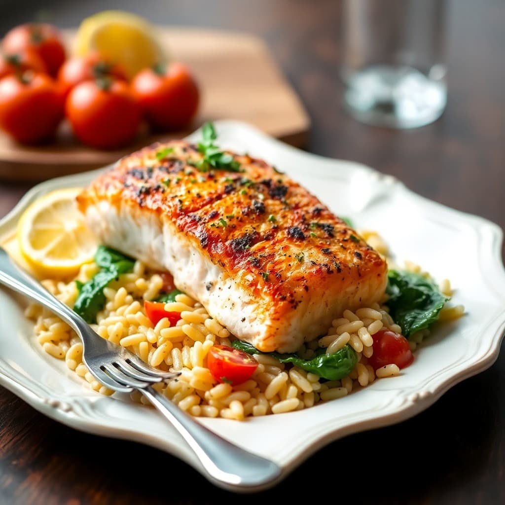 Mediterranean Baked Salmon with Lemon Garlic Orzo