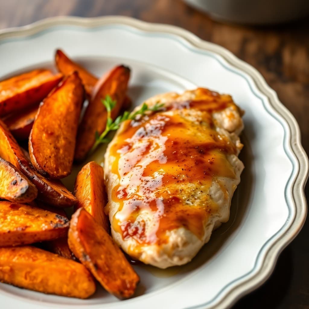 Honey-Dijon Baked Chicken with Roasted Sweet Potato Wedges