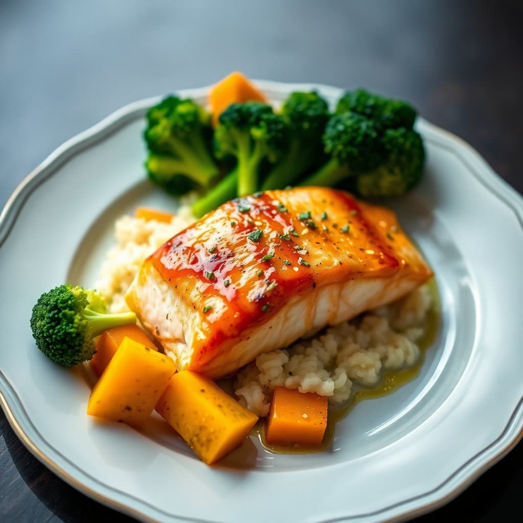 Seared Ginger Garlic Salmon with Roasted Butternut Squash and Steamed Broccoli