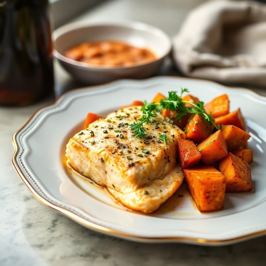Garlic Herb Salmon with Roasted Sweet Potatoes