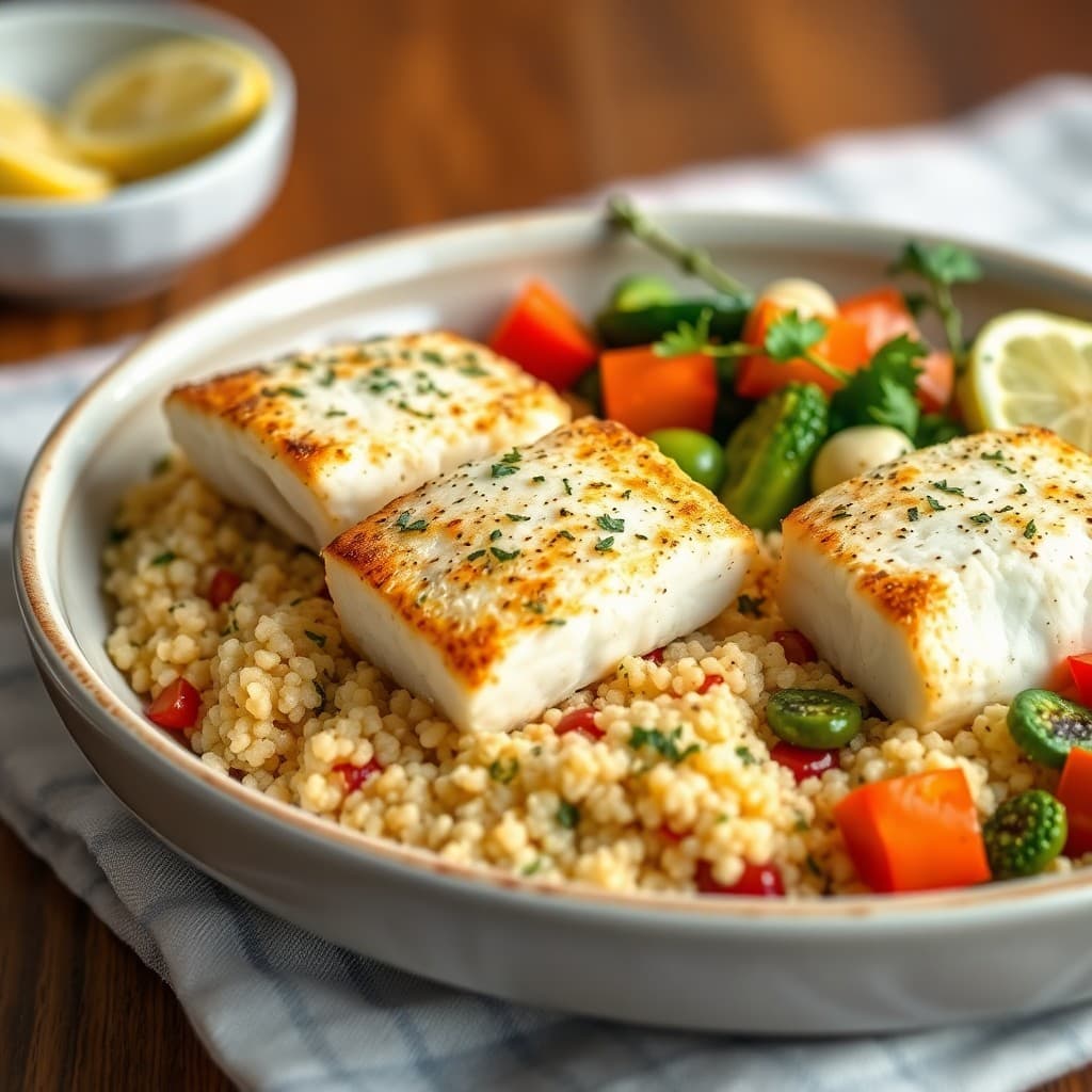 Mediterranean Roasted Cod with Lemon-Garlic Quinoa