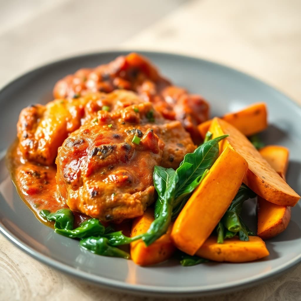 Moroccan Spiced Chicken Tagine with Roasted Sweet Potato Wedges and Sautéed Greens