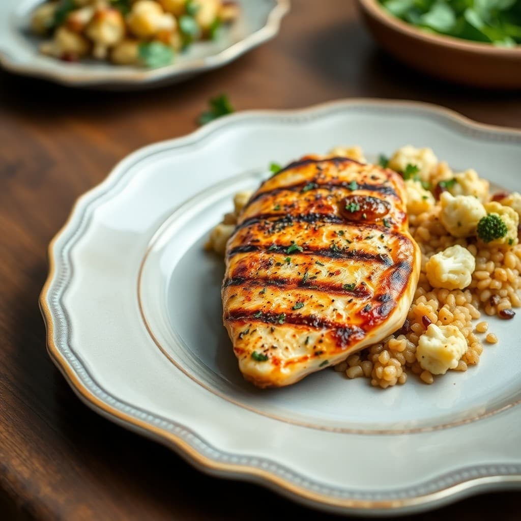 Grilled Lemon-Herb Chicken with Roasted Cauliflower and Farro Salad