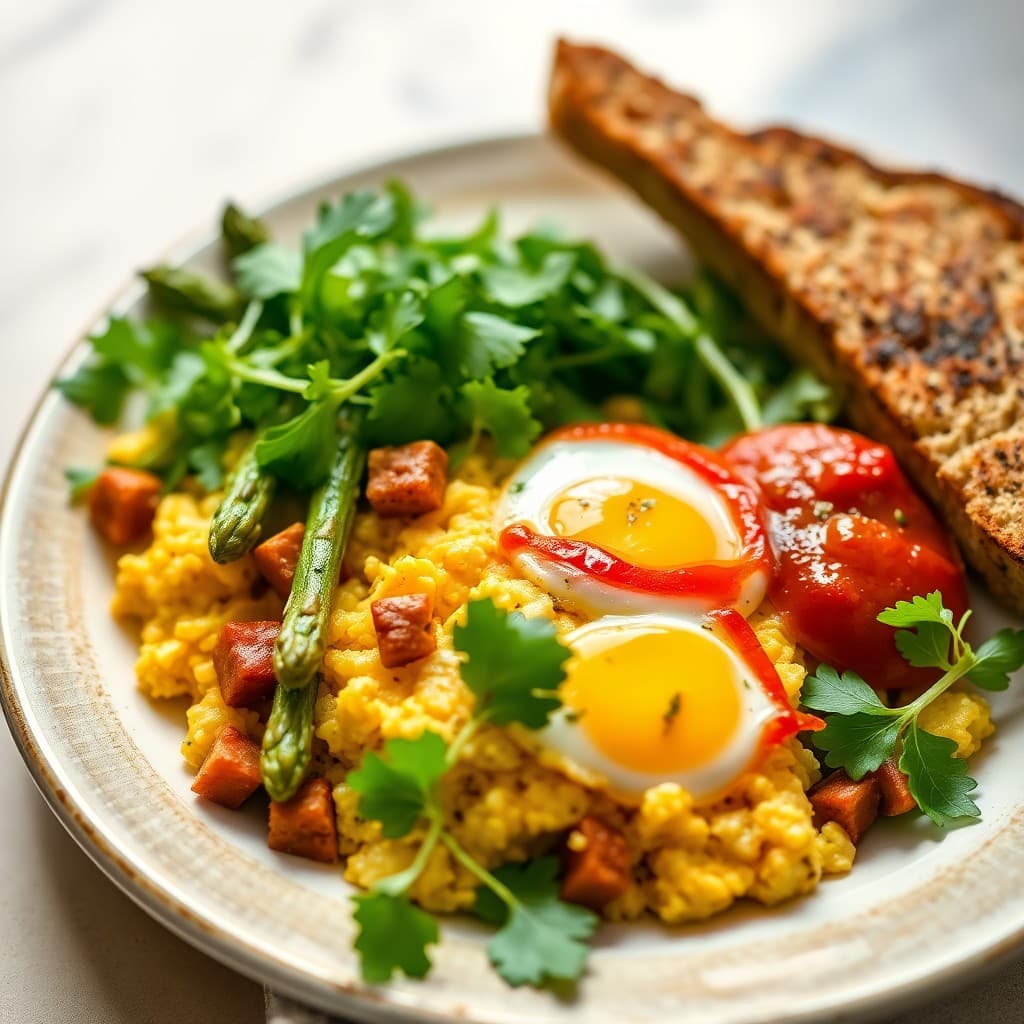 Spanish Asparagus & Chorizo Breakfast Scramble with Crusty Bread & Romesco