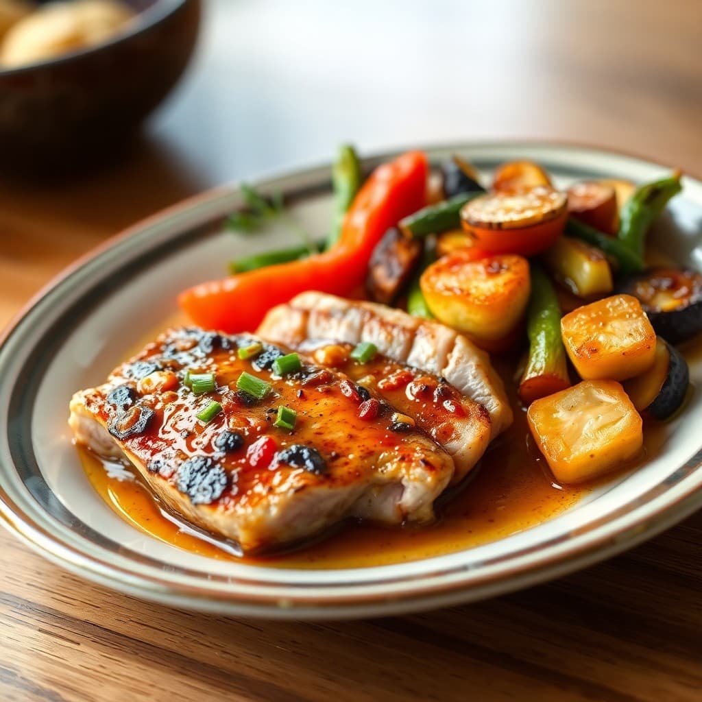 Seared Japanese Ginger-Garlic Tuna with Roasted Vegetables