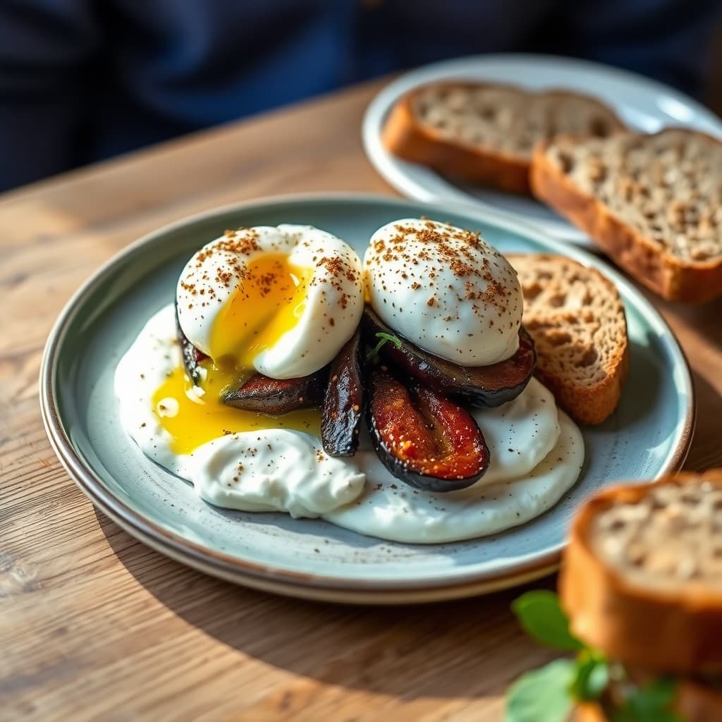 Turkish Zaatar-Crusted Poached Eggs with Whipped Labneh, Roasted Eggplant & Whole Grain Toast