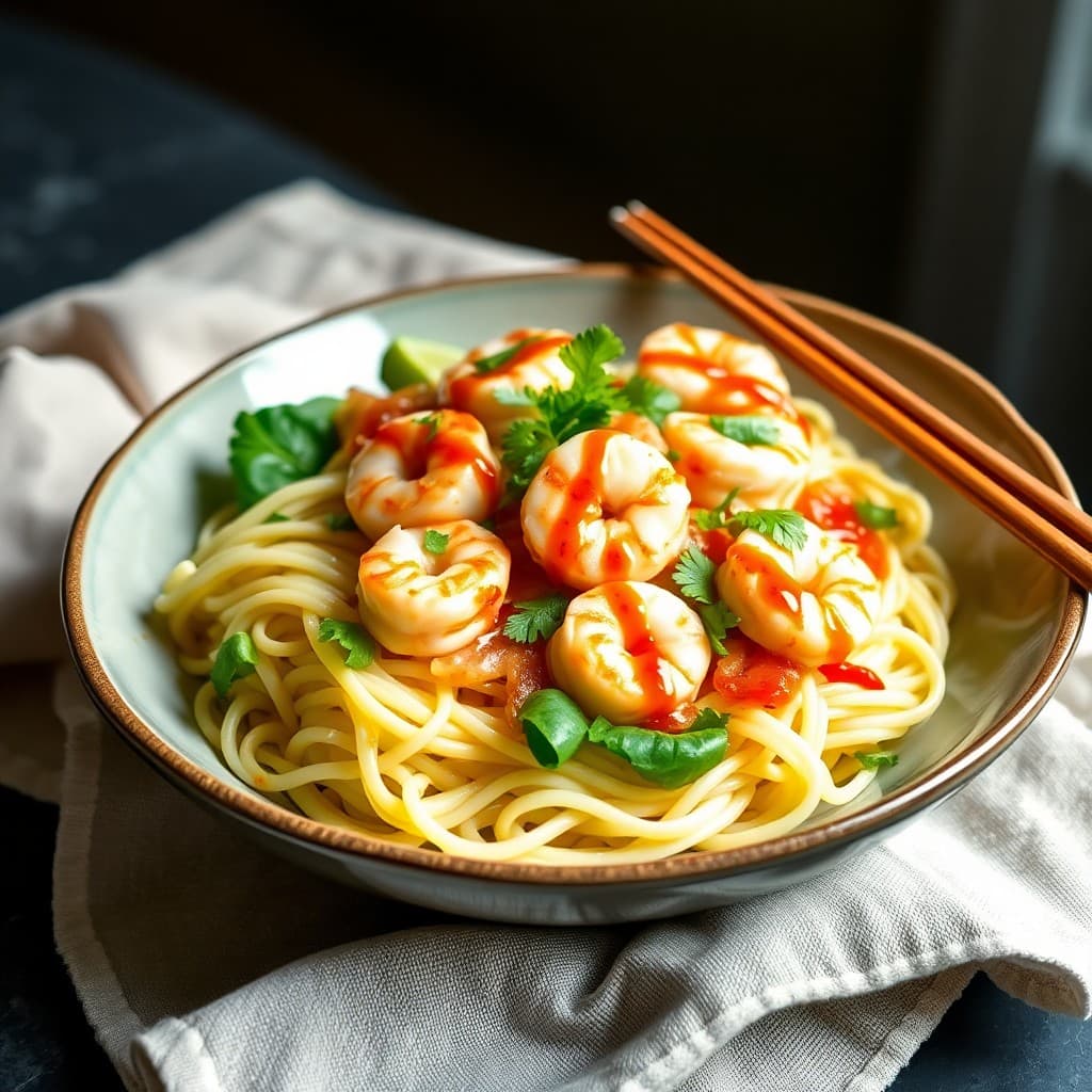 Thai-Inspired Coconut Shrimp Noodle Bowls with Sweet Chili Drizzle