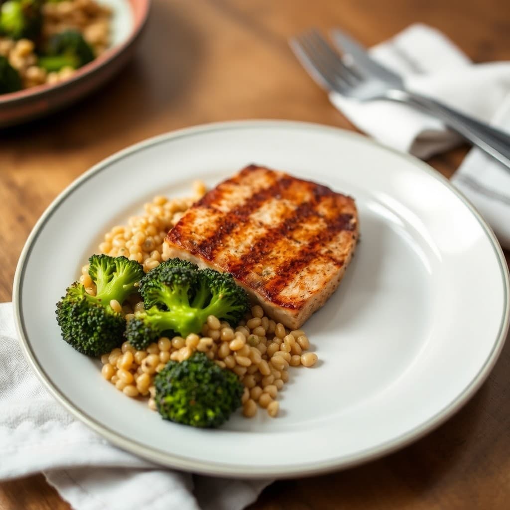 Seared Ginger-Garlic Tuna Steak with Roasted Broccoli and Farro Salad