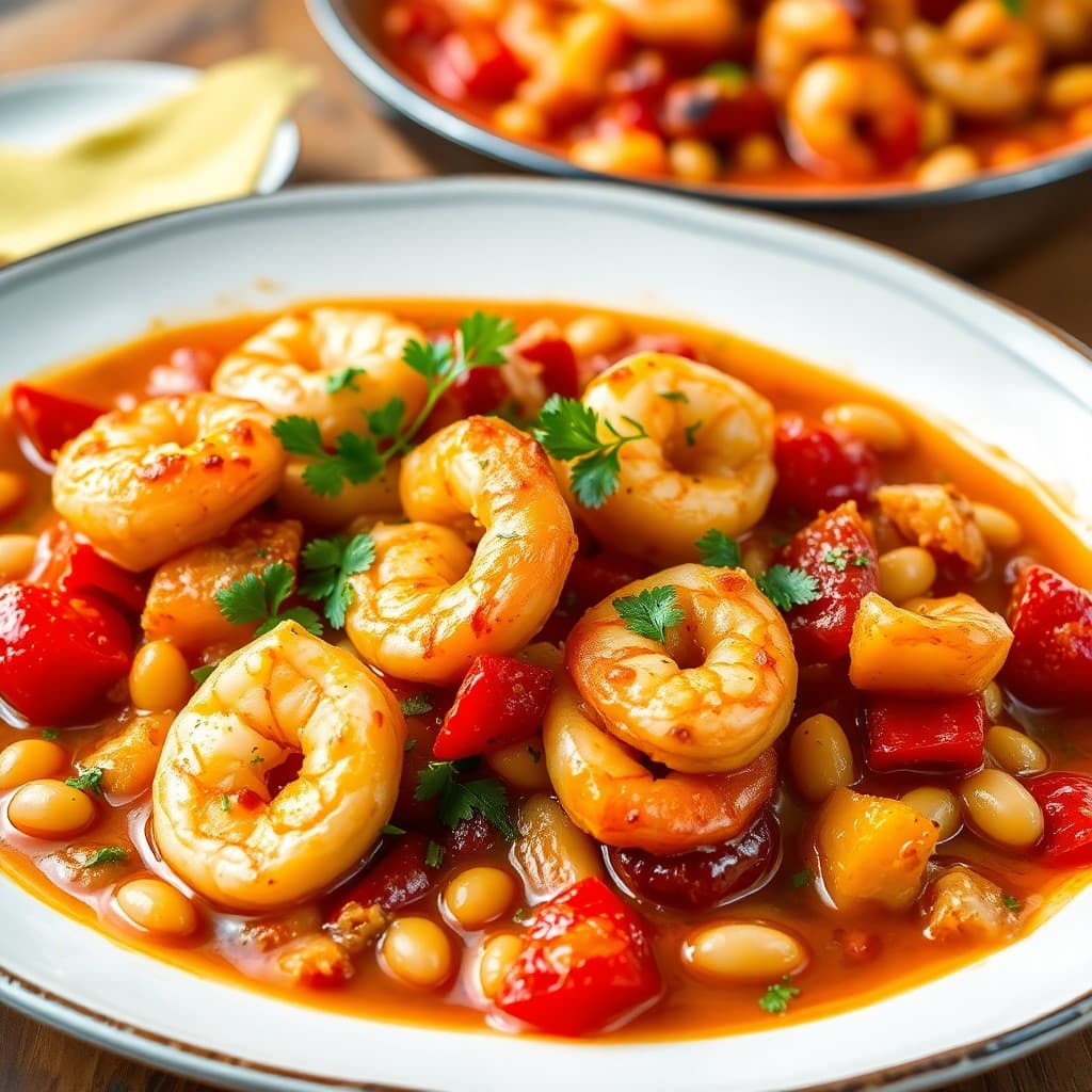 Spanish Saffron Shrimp & White Bean Stew with Crispy Garlic Croutons