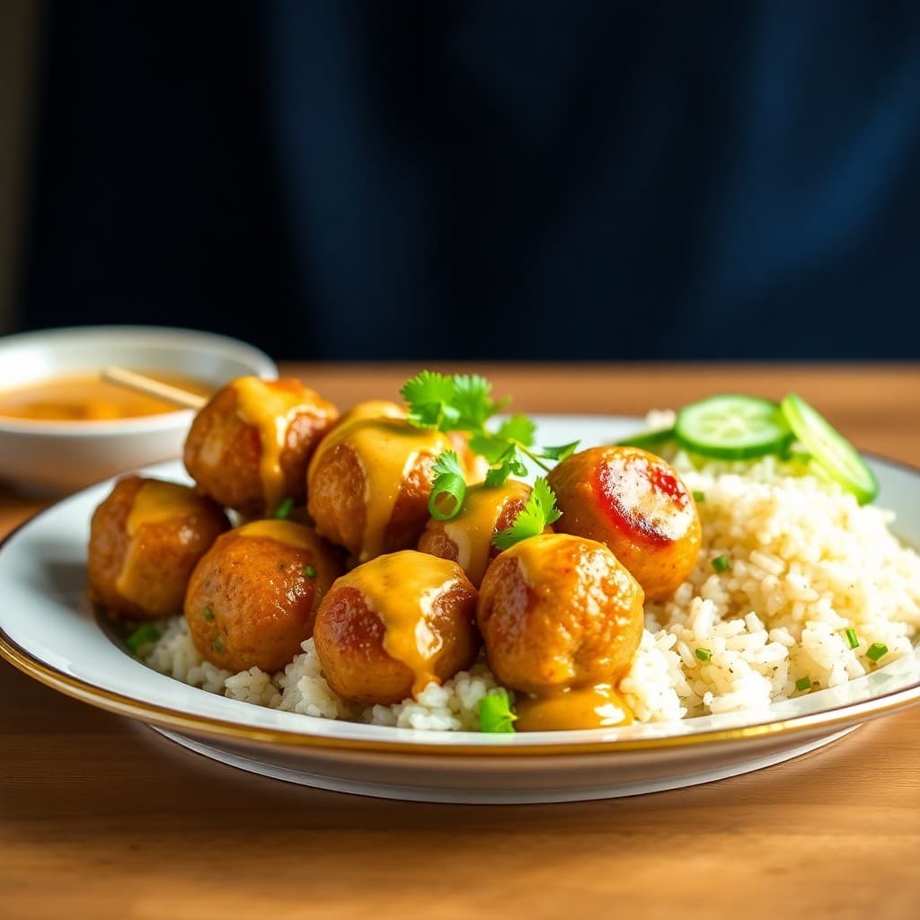 Thai Coconut Curry Meatball Skewers with Sticky Rice & Cucumber Salad