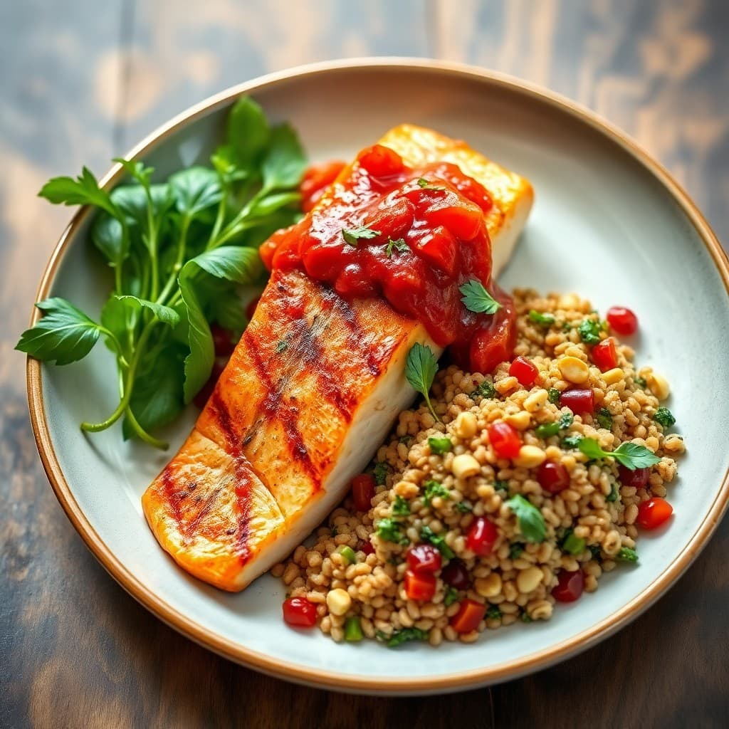 Grilled Salmon with Spanish Charred Tomato Sauce & Herbed Farro Tabbouleh