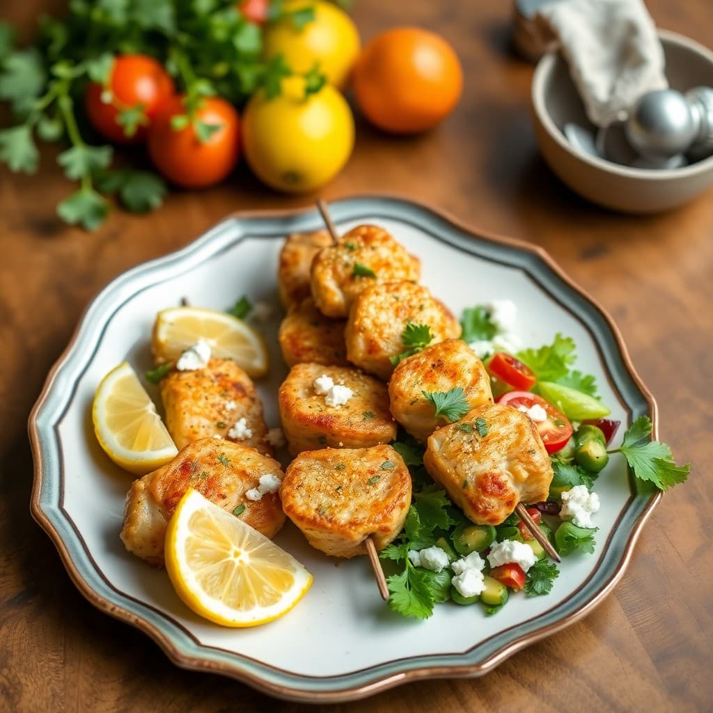 Zesty Lemon-Garlic Chicken Skewers with Greek Salad